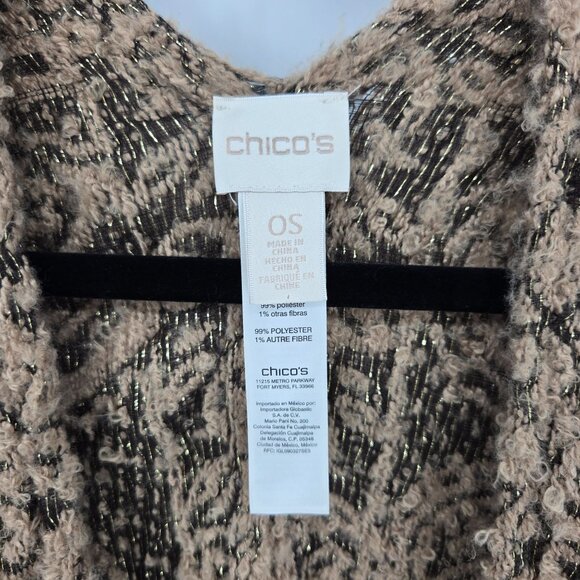 Chicos one size gold metallic floral paisley poncho cape shawl fringe hem - Picture 4 of 13